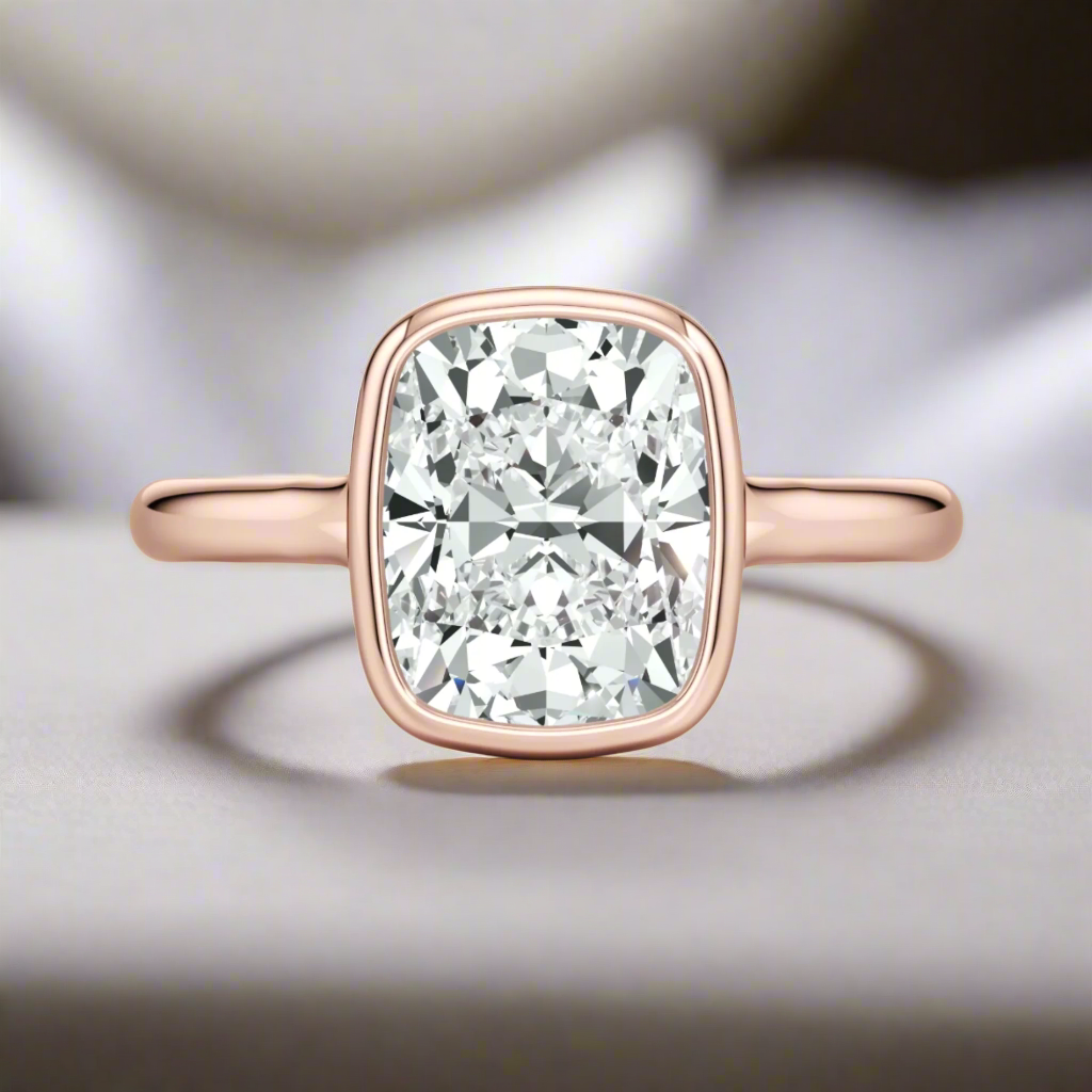 3CT Cushion Cut Lab Grown Diamond / Bezel Set Solitaire