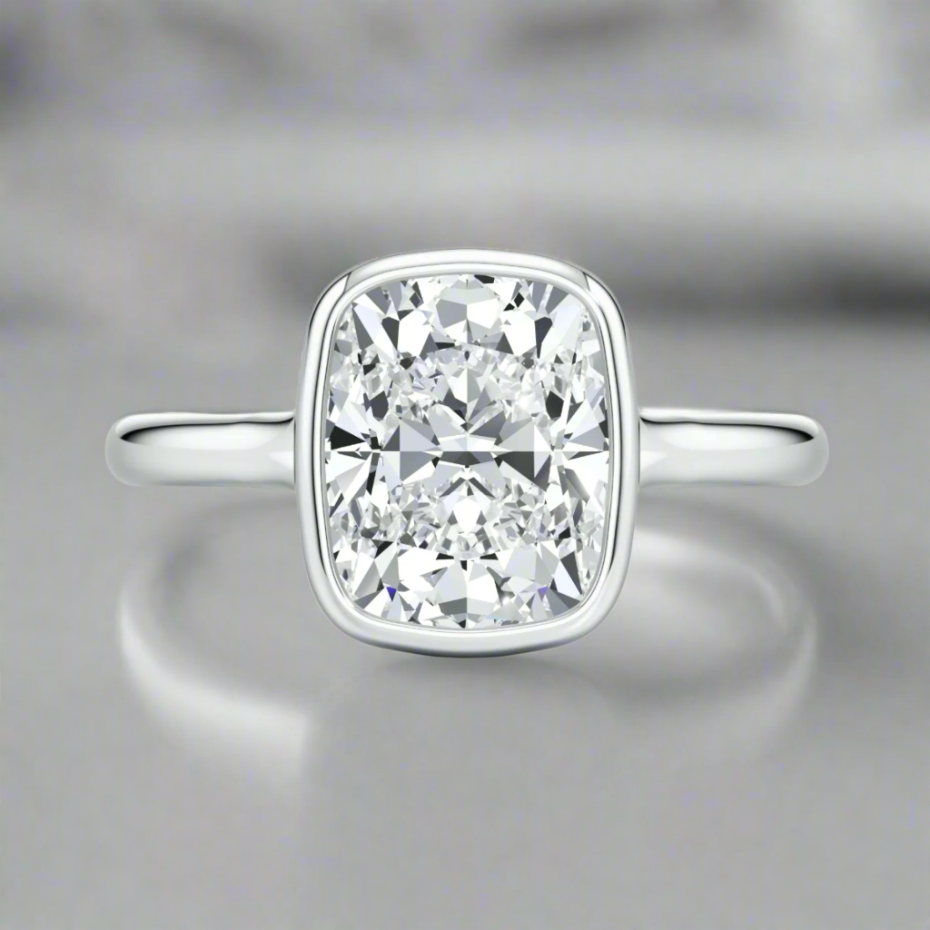 3CT Cushion Cut Lab Grown Diamond / Bezel Set Solitaire