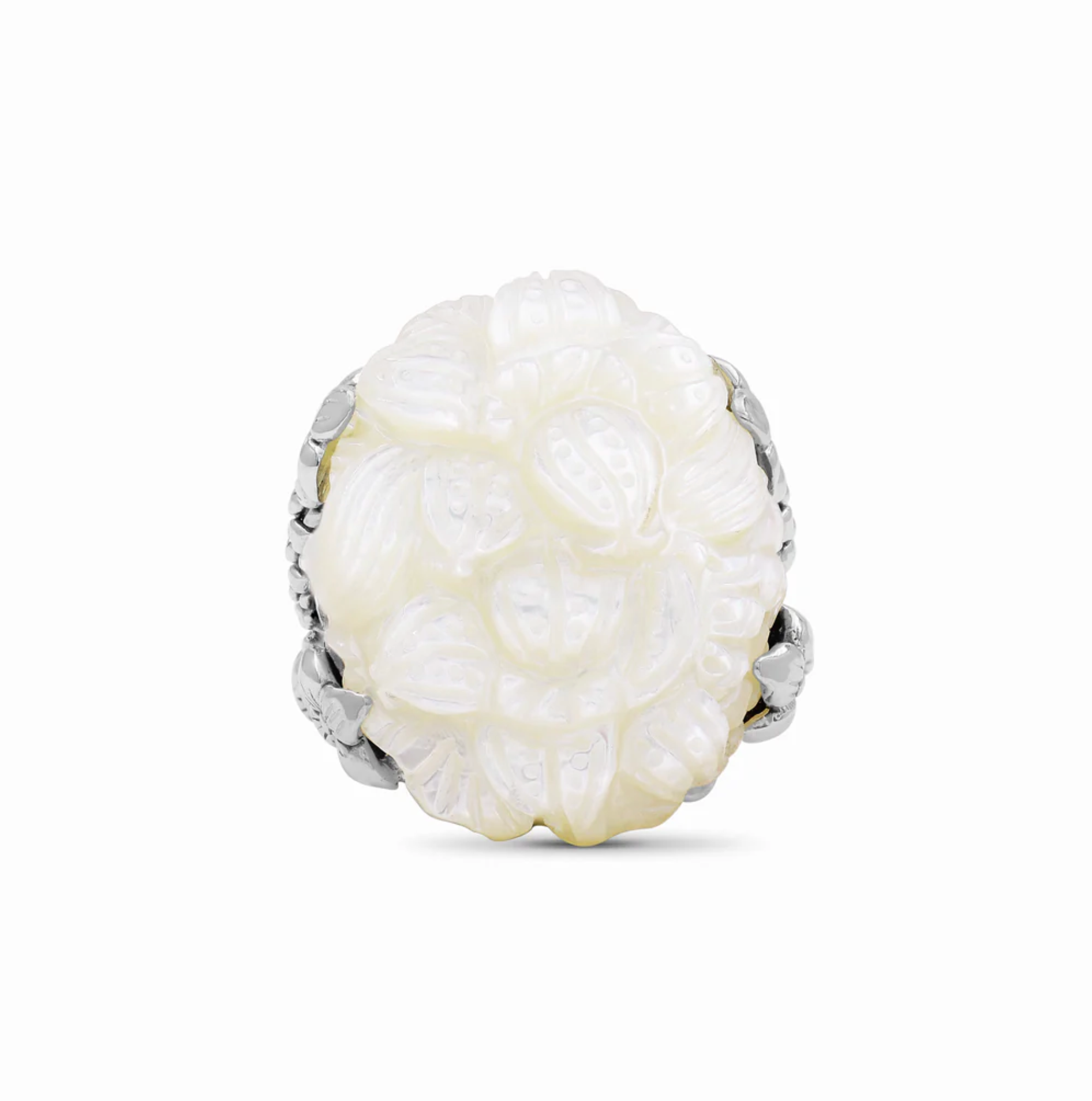 Stephen Dweck Carventurous Hand Carved Mother of Pearl in Sculpted Sterling Silver Double Shank Ring