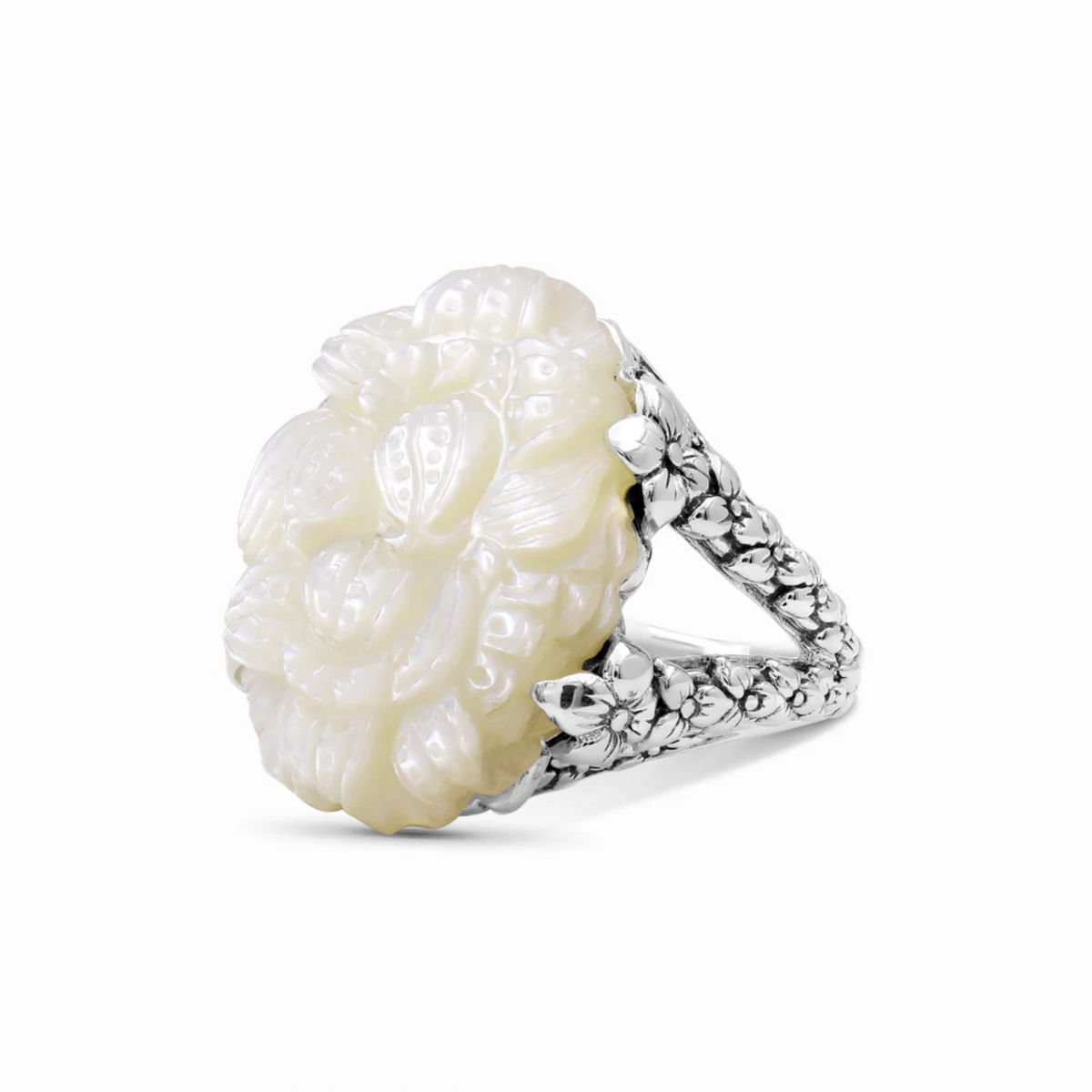 Stephen Dweck Carventurous Hand Carved Mother of Pearl in Sculpted Sterling Silver Double Shank Ring