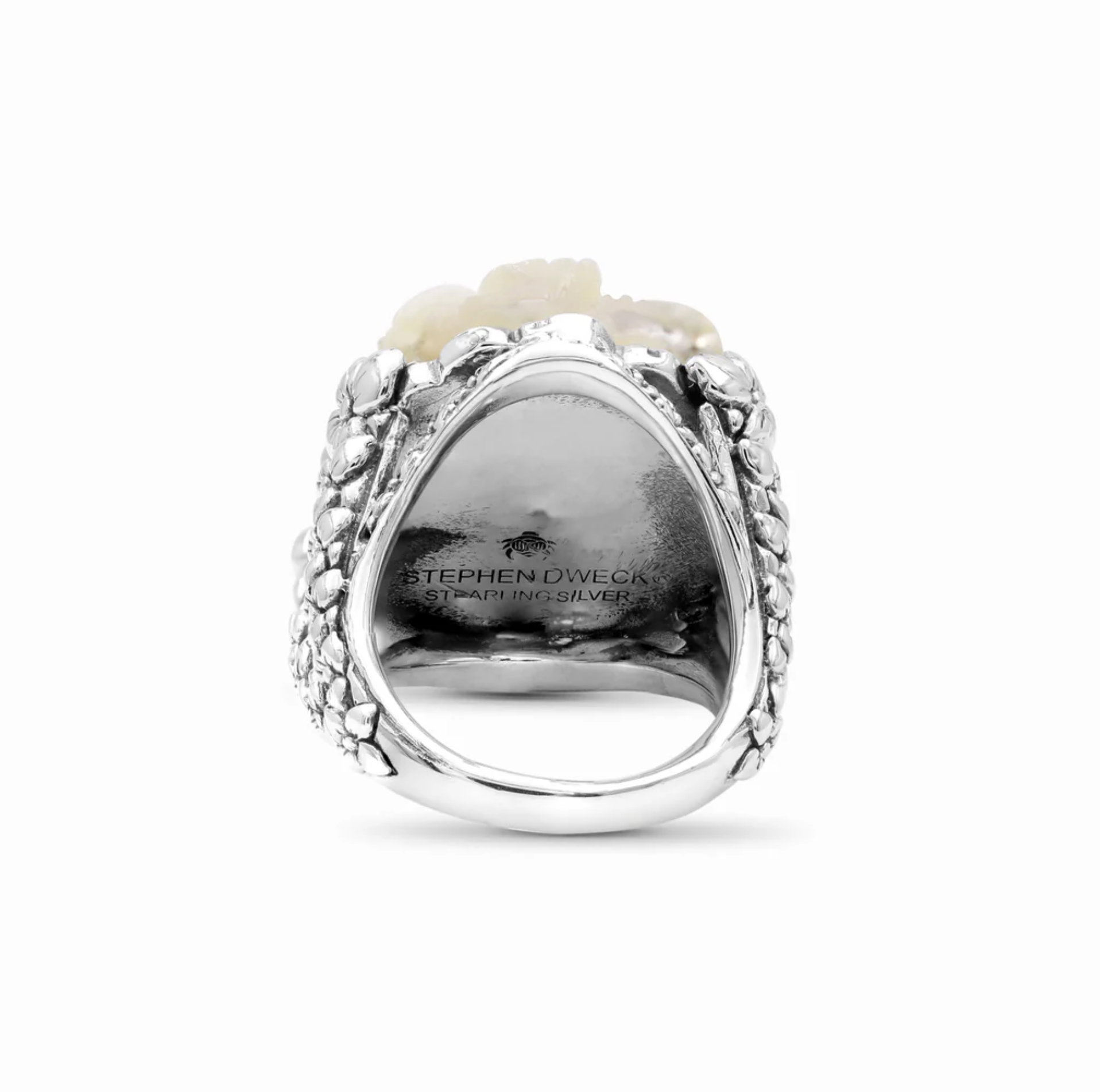 Stephen Dweck Carventurous Hand Carved Mother of Pearl in Sculpted Sterling Silver Double Shank Ring