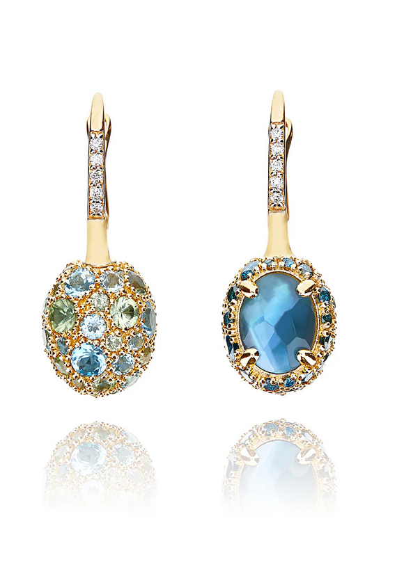 "Reverse" Ciliegine Gold, Blue Diamonds, Swiss Blue Topaz, Green Sapphires and London Blue Topaz Double-face Ball Drop Earrings (SMALL)