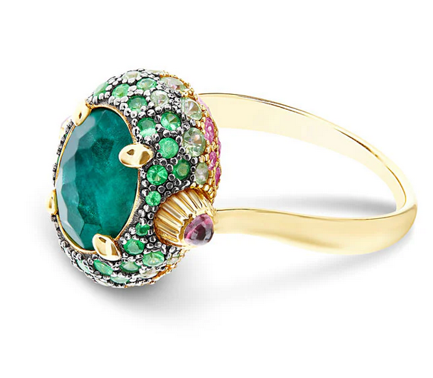 "Reverse" Gold, Sapphire, Tsavorite, Amethyst, Green Labradorite and Rock Crystal Double-face Ring (MEDIUM)