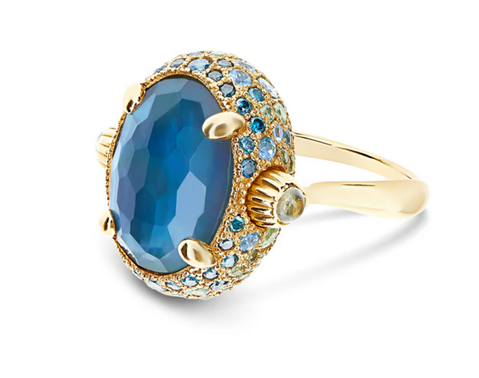 "Reverse" Gold, Blue Diamonds, Swiss Blue Topaz, Green Sapphires and London Blue Topaz Double-face Ring (LARGE)