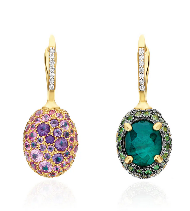 "Reverse" Ciliegine Gold, Sapphire, Tsavorite, Amethyst, Green Labradorite and Rock Crystal Double-face Ball Drop Earrings (MEDIUM)
