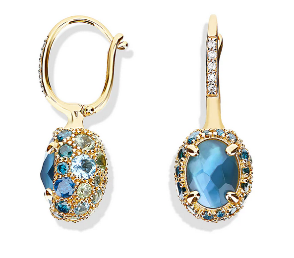 "Reverse" Ciliegine Gold, Blue Diamonds, Swiss Blue Topaz, Green Sapphires and London Blue Topaz Double-face Ball Drop Earrings (SMALL)