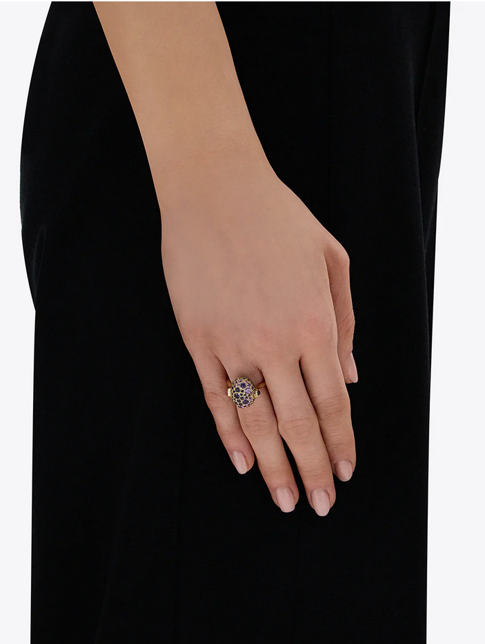 "Reverse" Gold, Sapphire, Tsavorite, Amethyst, Green Labradorite and Rock Crystal Double-face Ring (MEDIUM)