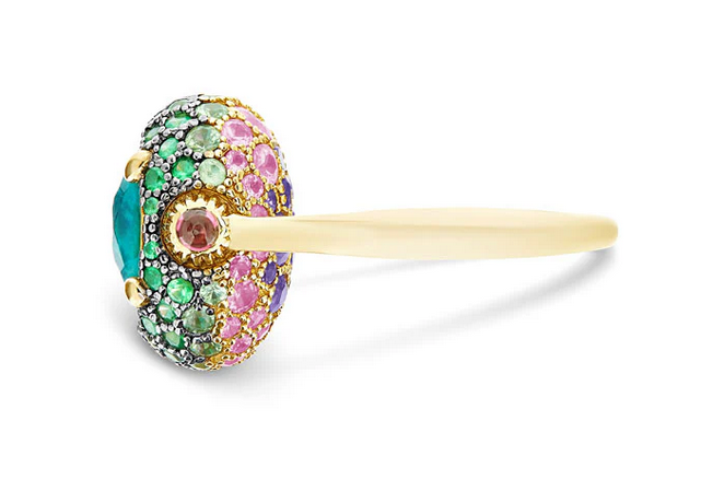 "Reverse" Gold, Sapphire, Tsavorite, Amethyst, Green Labradorite and Rock Crystal Double-face Ring (MEDIUM)