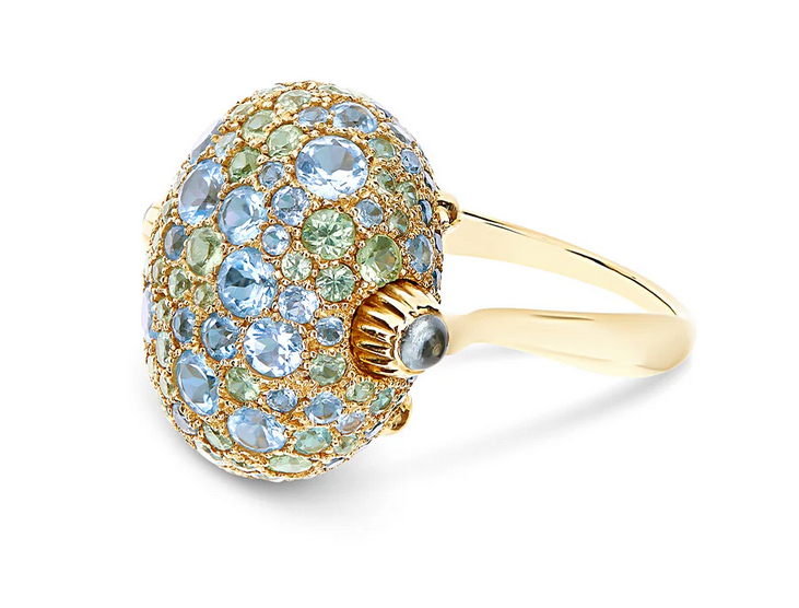 "Reverse" Gold, Blue Diamonds, Swiss Blue Topaz, Green Sapphires and London Blue Topaz Double-face Ring (LARGE)