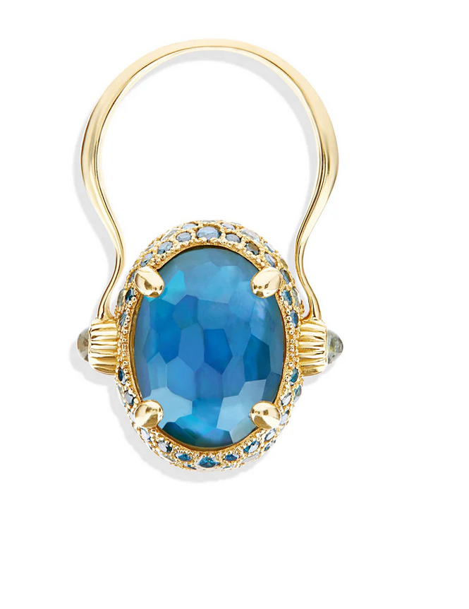 "Reverse" Gold, Blue Diamonds, Swiss Blue Topaz, Green Sapphires and London Blue Topaz Double-face Ring (LARGE)