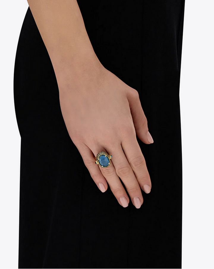"Reverse" Gold, Blue Diamonds, Swiss Blue Topaz, Green Sapphires and London Blue Topaz Double-face Ring (LARGE)
