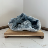 Blue Celestite Geode on Wooden Stand