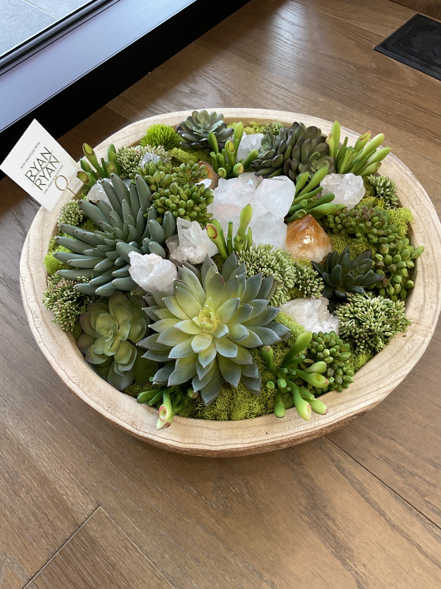 Large Plant Crystal Arrangement in Wooden Bowl